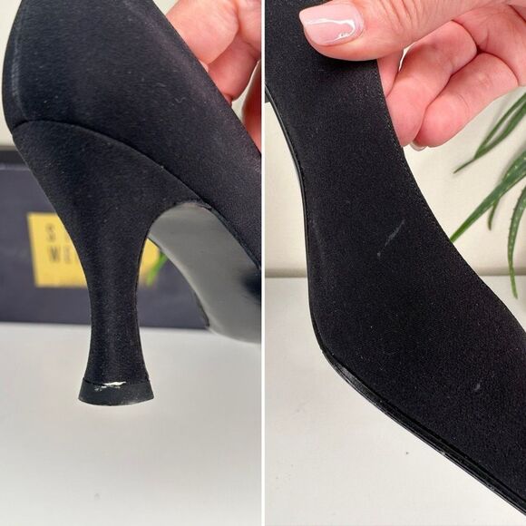 VTG Stuart Weitzman Lorraine Black Peau de Soie Pumps 7.5 AA Kitten Heels Spain - Picture 10 of 15